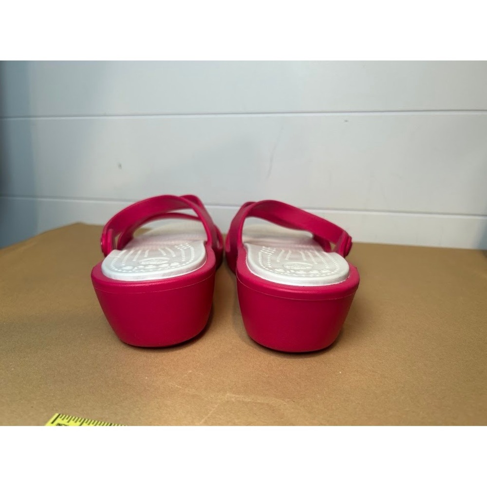 Crocs Patricia Wedge Sandals Womens 9 Pink White Triple Strap Slip On 204005 - Picture 2 of 6